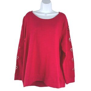 Talbots Sweatshirt Sweater 1X Red Floral Cutout Sleeve Cotton NWT TP-3617